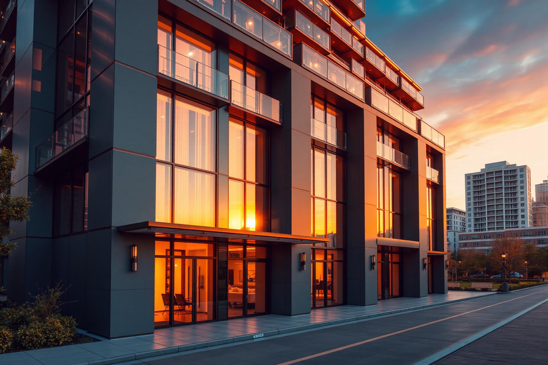 Edifício residencial de alto padrão ao entardecer